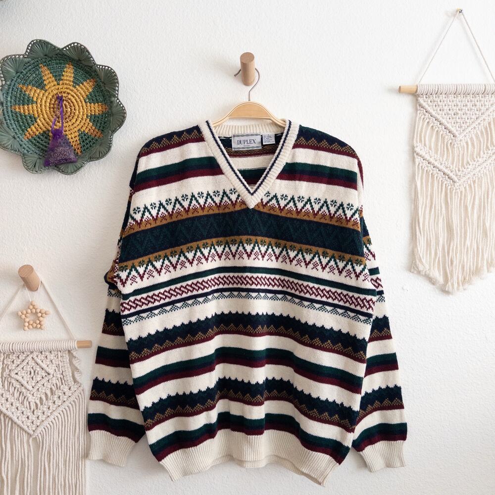 Duplex Vintage Ramie Cotton Grandpa Fair Isle Nordic Knit Sweater Men's Large